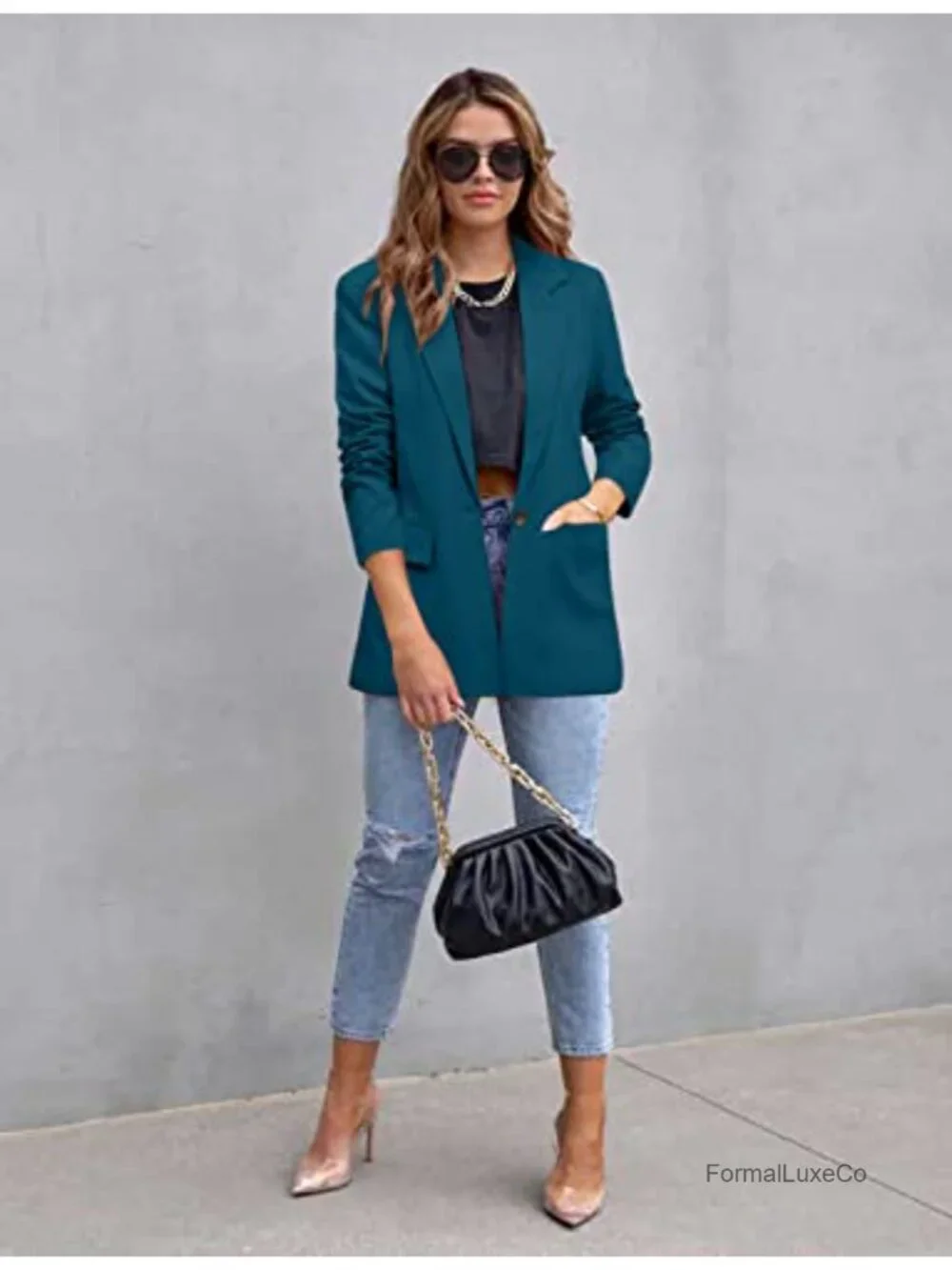 Women's Casual Blazer Jacket Long Sleeve Open Front Notch Lapel Button Flap